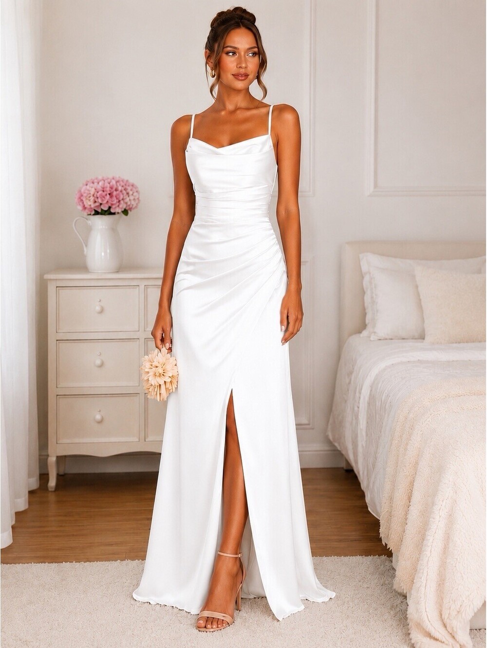 Satin Mermaid Evening Dress Size 6 Formal Spaghetti Strap Slit Gown White
